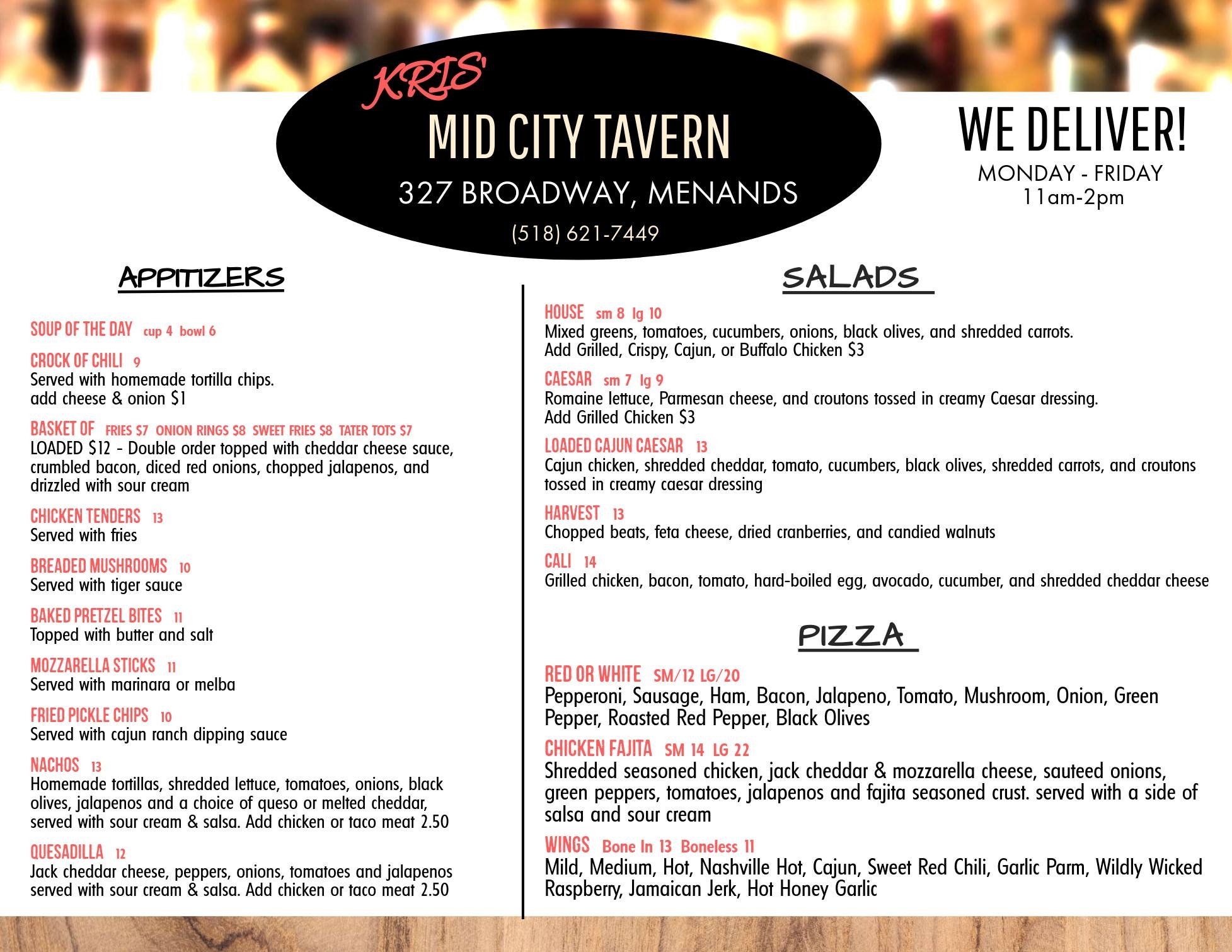 Menu Kris' Mid City Tavern